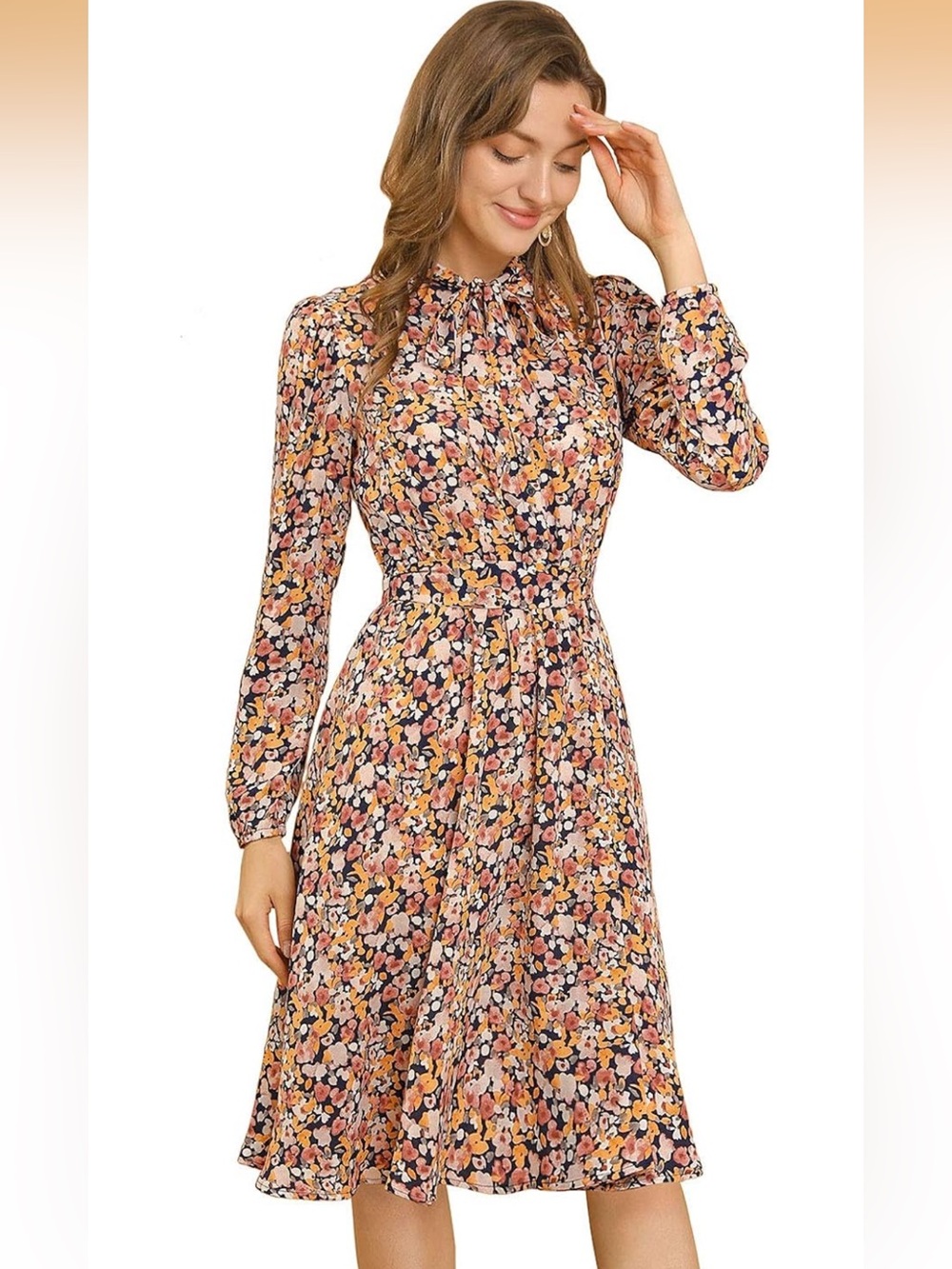 Alegra K tie neck long sleeve belted floral dress